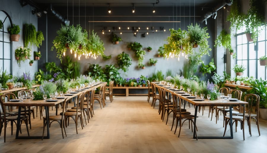 Event venue featuring herb-infused decor on tables and walls, creating a relaxing ambiance.